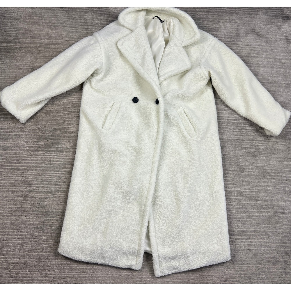 Linjia Shop Teddy Coat Womens L White Longline Faux Shearling Double Breasted